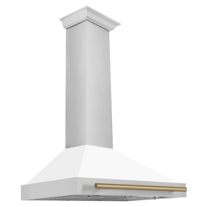 ZLINE 36" Autograph Edition Wall Mount Range Hood in Stainless Steel with White Matte Shell and Champagne Bronze Handle, KB4STZ-WM36-CB