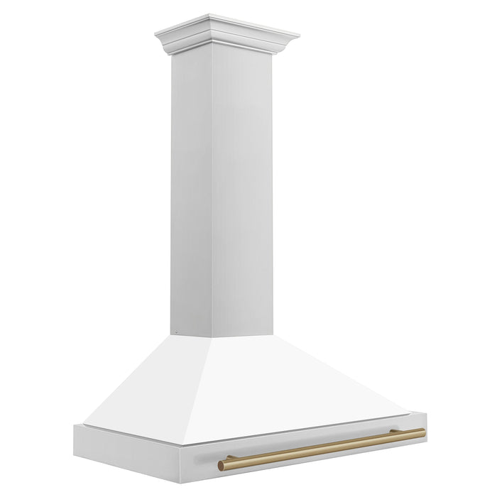 ZLINE 36" Autograph Edition Wall Mount Range Hood in Stainless Steel with White Matte Shell and Champagne Bronze Handle, KB4STZ-WM36-CB