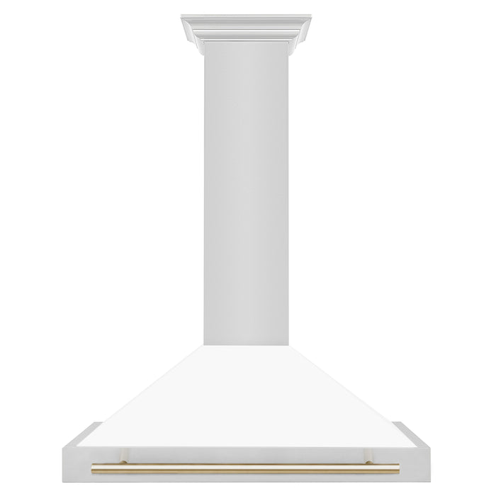 ZLINE 36" Autograph Edition Wall Mount Range Hood in Stainless Steel with a Matte White Shell and Gold Handle, KB4STZ-WM36-G