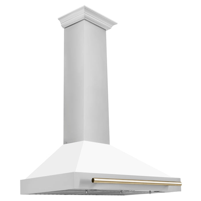 ZLINE 36" Autograph Edition Wall Mount Range Hood in Stainless Steel with a Matte White Shell and Gold Handle, KB4STZ-WM36-G