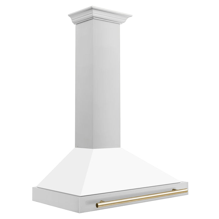 ZLINE 36" Autograph Edition Wall Mount Range Hood in Stainless Steel with a Matte White Shell and Gold Handle, KB4STZ-WM36-G