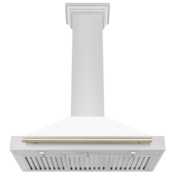 ZLINE 36" Autograph Edition Wall Mount Range Hood in Stainless Steel with a Matte White Shell and Gold Handle, KB4STZ-WM36-G