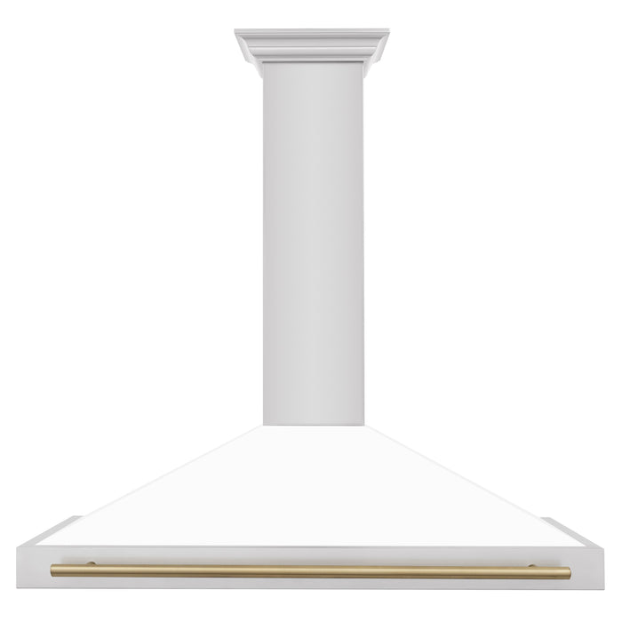 ZLINE 48" Autograph Edition Wall Mount Range Hood in Stainless Steel with White Matte Shell and Champagne Bronze Handle, KB4STZ-WM48-CB