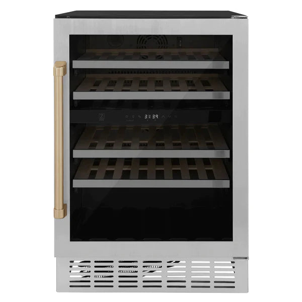 ZLINE 24" Monument Autograph Edition Dual Zone 44-Bottle Wine Cooler in Stainless Steel with Champagne Bronze Accents, RWVZ-UD-24-CB