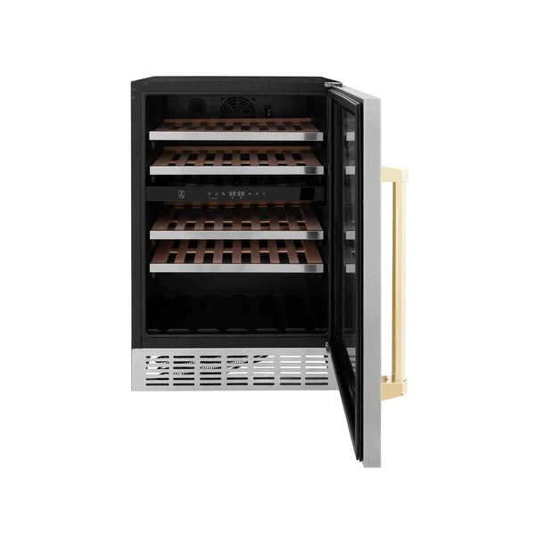 ZLINE 24" Monument Autograph Edition Dual Zone 44-Bottle Wine Cooler in Stainless Steel with Gold Accents, RWVZ-UD-24-G