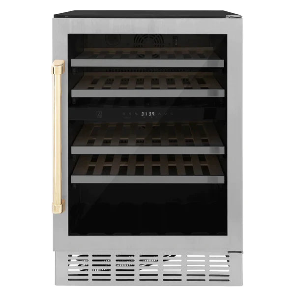 ZLINE 24" Monument Autograph Edition Dual Zone 44-Bottle Wine Cooler in Stainless Steel with Gold Accents, RWVZ-UD-24-G