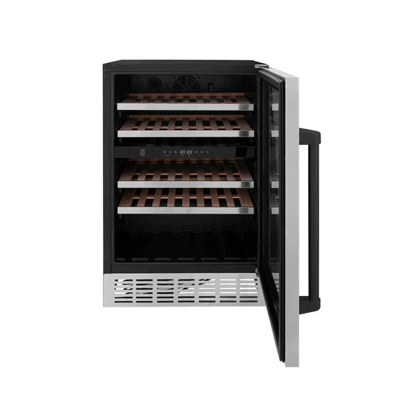 ZLINE 24" Monument Autograph Edition Dual Zone 44-Bottle Wine Cooler in Stainless Steel with Matte Black Accents, RWVZ-UD-24-MB