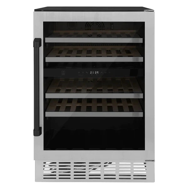 ZLINE 24" Monument Autograph Edition Dual Zone 44-Bottle Wine Cooler in Stainless Steel with Matte Black Accents, RWVZ-UD-24-MB