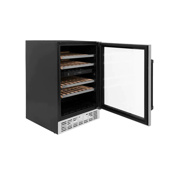 ZLINE 24" Monument Autograph Edition Dual Zone 44-Bottle Wine Cooler in Stainless Steel with Matte Black Accents, RWVZ-UD-24-MB