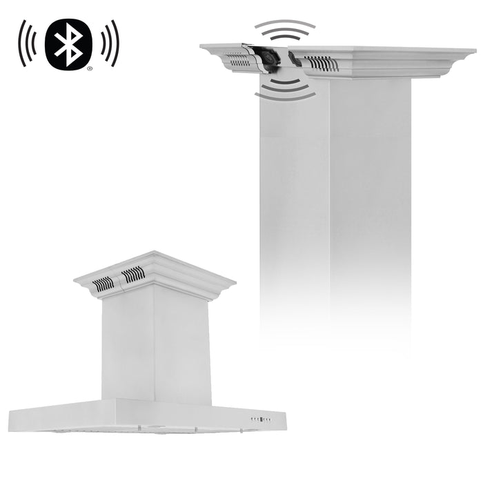 ZLINE 36" Ducted Island Mount Range Hood in Stainless Steel with CrownSound® Bluetooth Speakers, KE2iCRN-BT-36