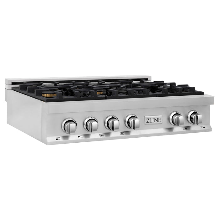 ZLINE 36" Rangetop with 6 Gas Brass Burners in Stainless Steel, RT-BR-36