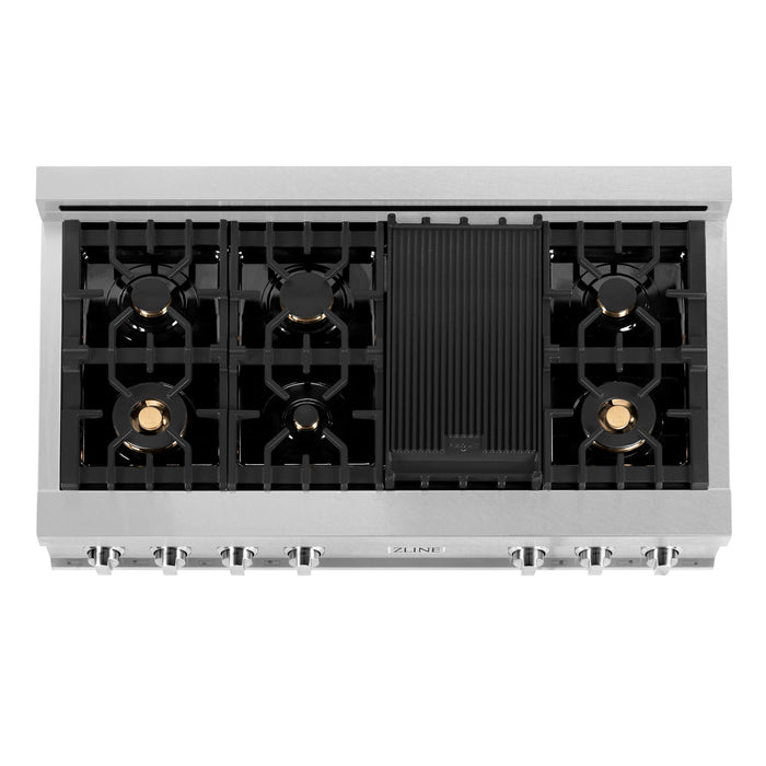 ZLINE 48" Rangetop in DuraSnow® Stainless Steel With 7 Gas Burners And Griddle, RTS-BR-GR-48