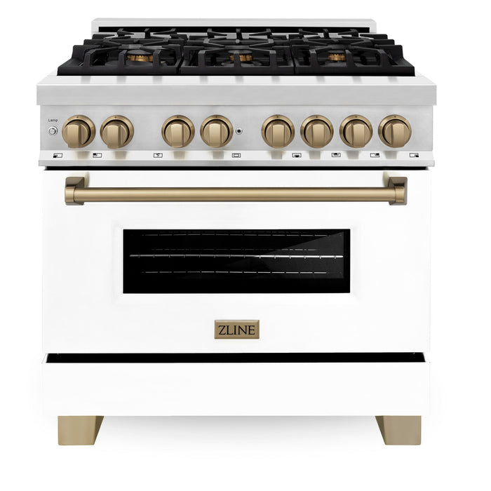 ZLINE 36" Autograph Edition Dual Fuel Range in Stainless Steel with White Matte Door and Champagne Bronze Accents, RAZ-WM-36-CB