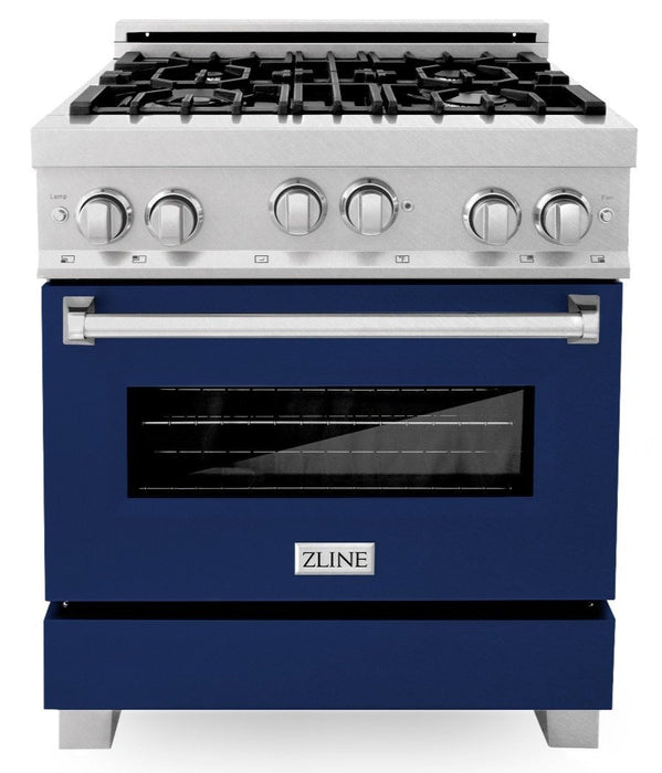 ZLINE 30" All Gas Range in DuraSnow® Stainless with Blue Gloss Door, RGS-BG-30