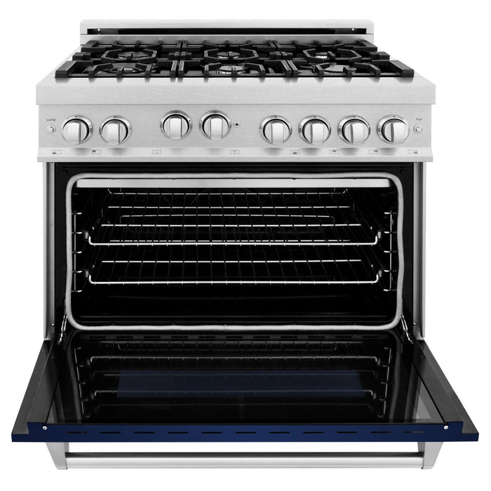 ZLINE 36" All Gas Range in DuraSnow® Stainless Steel with Blue Gloss Door, RGS-BG-36