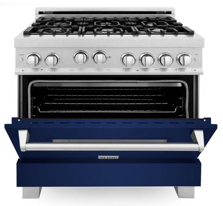 ZLINE 36" All Gas Range in DuraSnow® Stainless Steel with Blue Gloss Door, RGS-BG-36