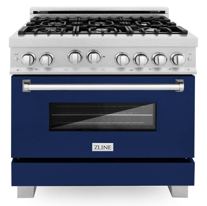 ZLINE 36" All Gas Range in DuraSnow® Stainless Steel with Blue Gloss Door, RGS-BG-36