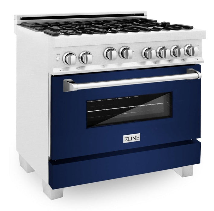 ZLINE 36" All Gas Range in DuraSnow® Stainless Steel with Blue Gloss Door, RGS-BG-36