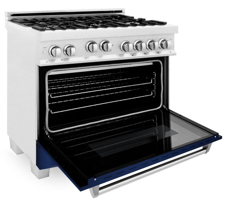 ZLINE 36" All Gas Range in DuraSnow® Stainless Steel with Blue Gloss Door, RGS-BG-36