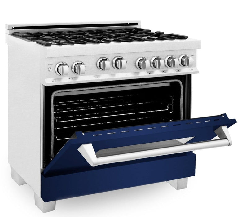 ZLINE 36" All Gas Range in DuraSnow® Stainless Steel with Blue Gloss Door, RGS-BG-36