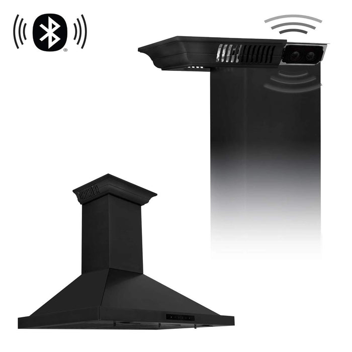 ZLINE 36" Ducted Wall Mount Range Hood in Black Stainless Steel with Crownsound BlueTooth Crown Molding, BSKBNCRN-BT-36