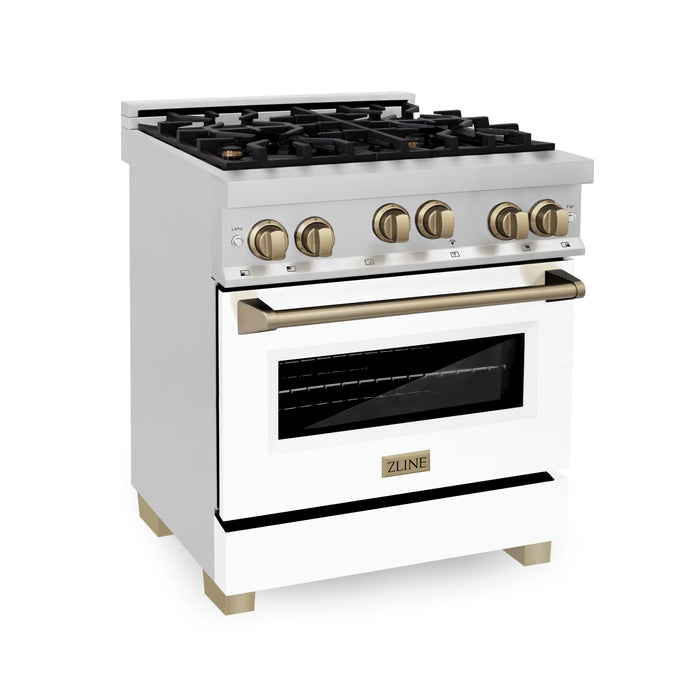 ZLINE 30" Autograph Edition All Gas Range in Stainless Steel with White Matte Door and Champagne Bronze Accents, RGZ-WM-30-CB