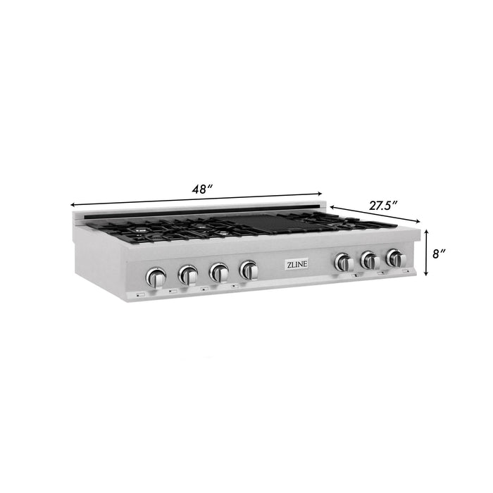 ZLINE 48" Rangetop in DuraSnow® Stainless Steel With 7 Gas Burners And Griddle, RTS-BR-GR-48