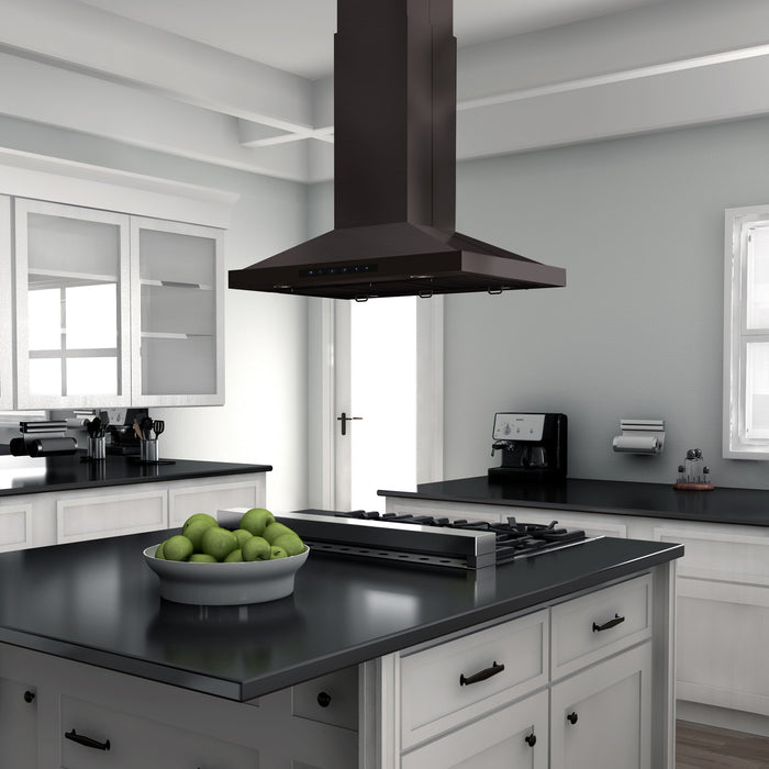 ZLINE 30" Island Mount Range Hood in Black Stainless Steel with CrownSound Built-in Speakers, BSGL2iNCRN-BT-30