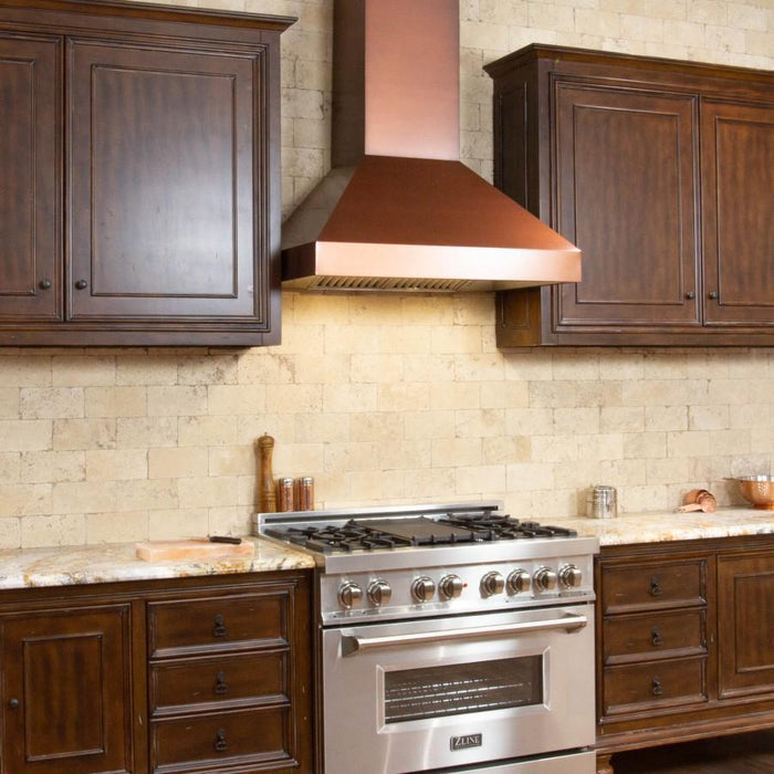 ZLINE 48" Wall Mount Range Hood in Copper with Crown Molding, 8667C-48