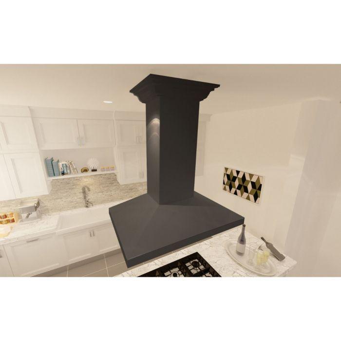 ZLINE 30" Convertible Wooden Island Mount Range Hood in Black with Crown Molding, KBiCC-30