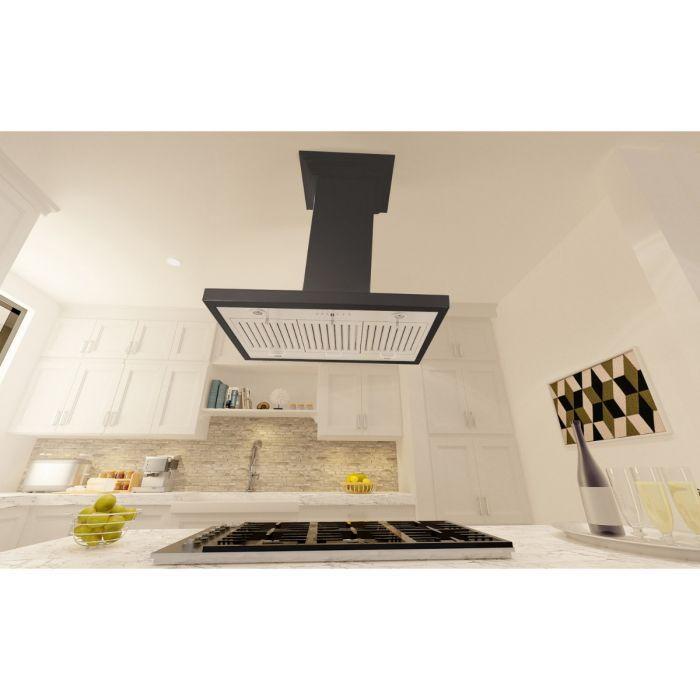 ZLINE 30" Convertible Wooden Island Mount Range Hood in Black with Crown Molding, KBiCC-30