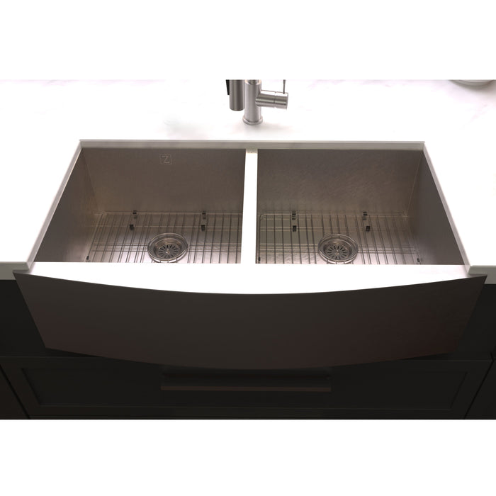 ZLINE 36" Niseko Farmhouse Apron Mount Double Bowl Kitchen Sink in DuraSnow® Stainless Steel with Bottom Grid, SA50D-36S