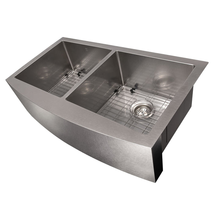 ZLINE 36" Niseko Farmhouse Apron Mount Double Bowl Kitchen Sink in DuraSnow® Stainless Steel with Bottom Grid, SA50D-36S