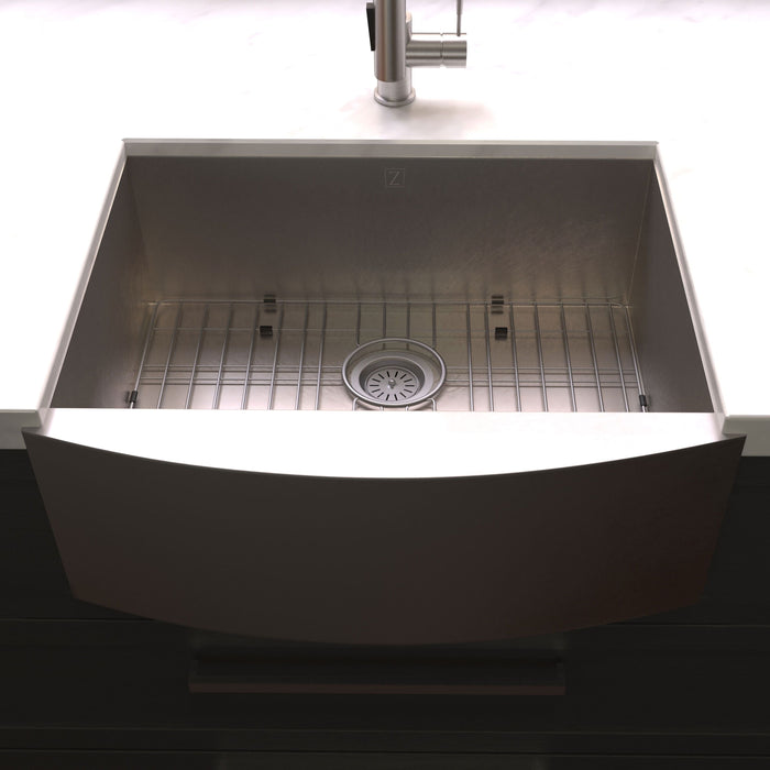 ZLINE 33" Vail Farmhouse Apron Mount Single Bowl Kitchen Sink in DuraSnow® Stainless Steel with Bottom Grid, SAS-33S