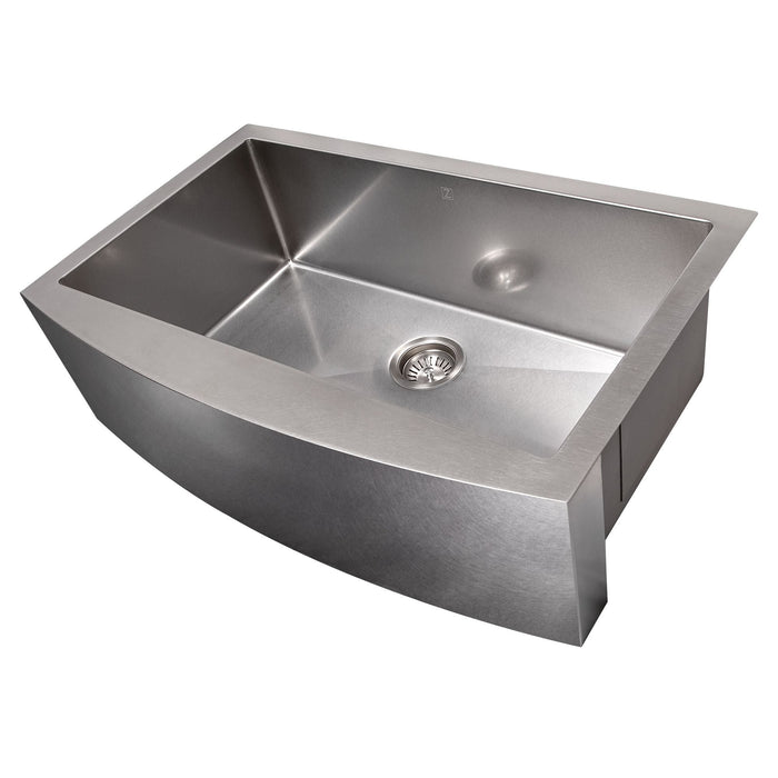 ZLINE 33" Vail Farmhouse Apron Mount Single Bowl Kitchen Sink in DuraSnow® Stainless Steel with Bottom Grid, SAS-33S