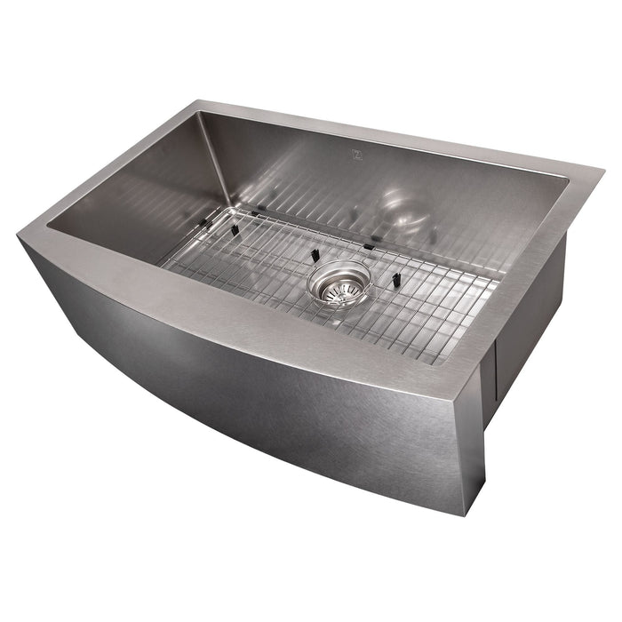 ZLINE 33" Vail Farmhouse Apron Mount Single Bowl Kitchen Sink in DuraSnow® Stainless Steel with Bottom Grid, SAS-33S