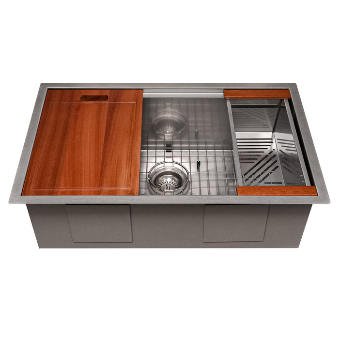 ZLINE 30" Garmisch Undermount Single Bowl DuraSnow® Stainless Steel Kitchen Sink with Bottom Grid and Accessories, SLS-30S