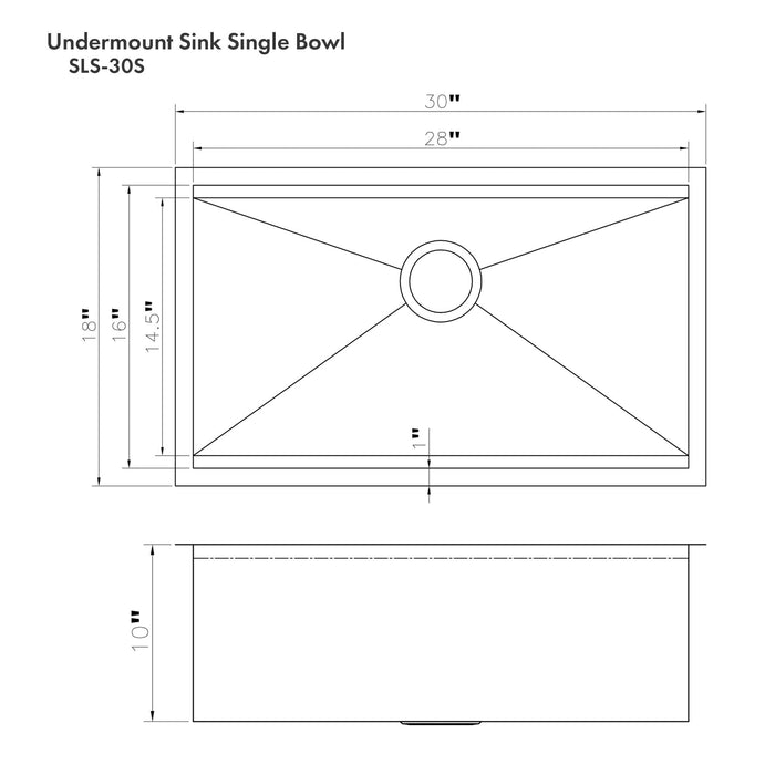 ZLINE 30" Garmisch Undermount Single Bowl DuraSnow® Stainless Steel Kitchen Sink with Bottom Grid and Accessories, SLS-30S