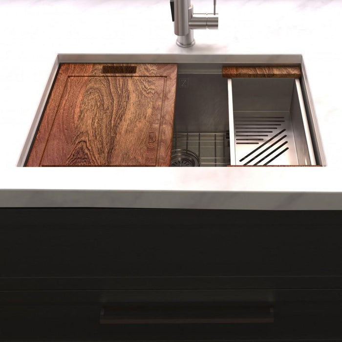 ZLINE 33" Garmisch Undermount Single Bowl Kitchen Sink in DuraSnow® Stainless Steel with Bottom Grid and Accessories, SLS-33S