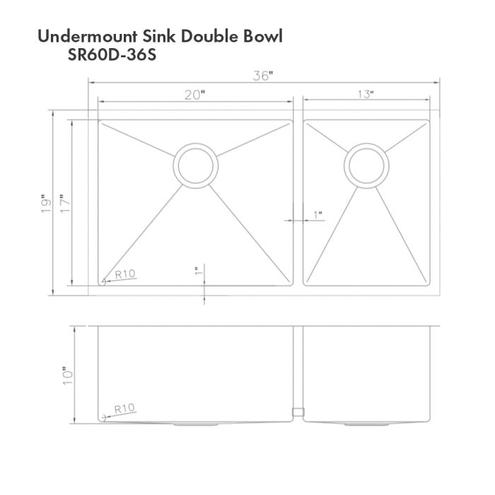 ZLINE 36" Chamonix Undermount Double Bowl Kitchen Sink in DuraSnow® Stainless Steel with Bottom Grid, SR60D-36S