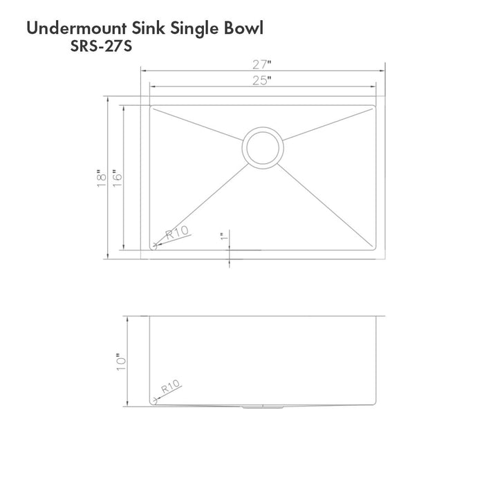 ZLINE 27" Meribel Undermount Single Bowl DuraSnow® Stainless Steel Kitchen Sink with Bottom Grid, SRS-27S