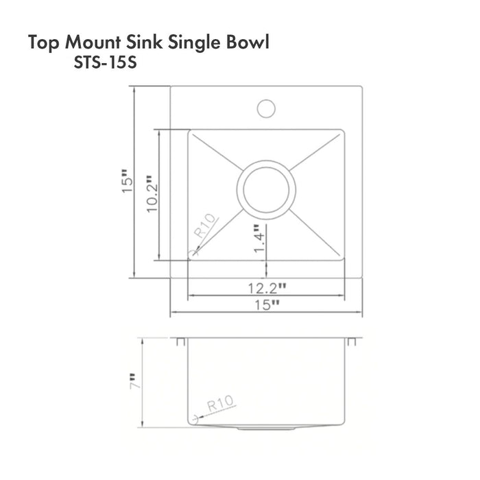 ZLINE 15" Donner Topmount Single Bowl Bar Kitchen Sink in DuraSnow® Stainless Steel, STS-15S