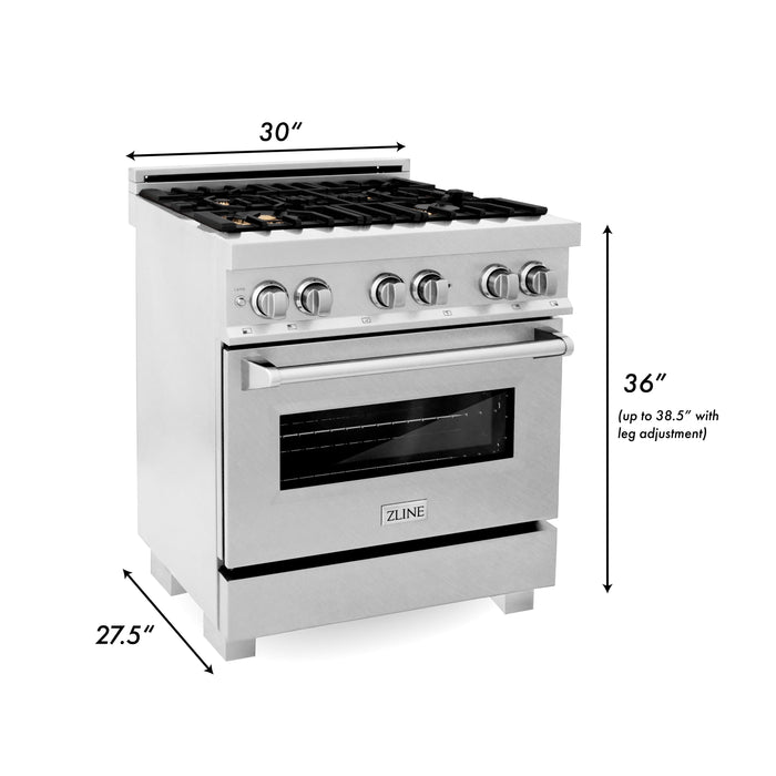 ZLINE 30" Dual Fuel Range with Griddle and Brass Burners in DuraSnow® Stainless Steel, RAS-SN-BR-GR-30