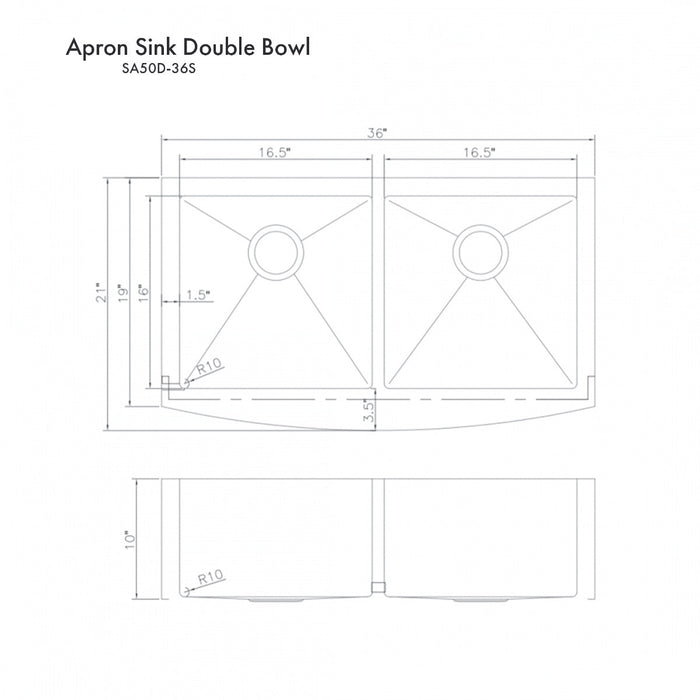 ZLINE 36" Niseko Farmhouse Apron Mount Double Bowl Kitchen Sink in DuraSnow® Stainless Steel with Bottom Grid, SA50D-36S