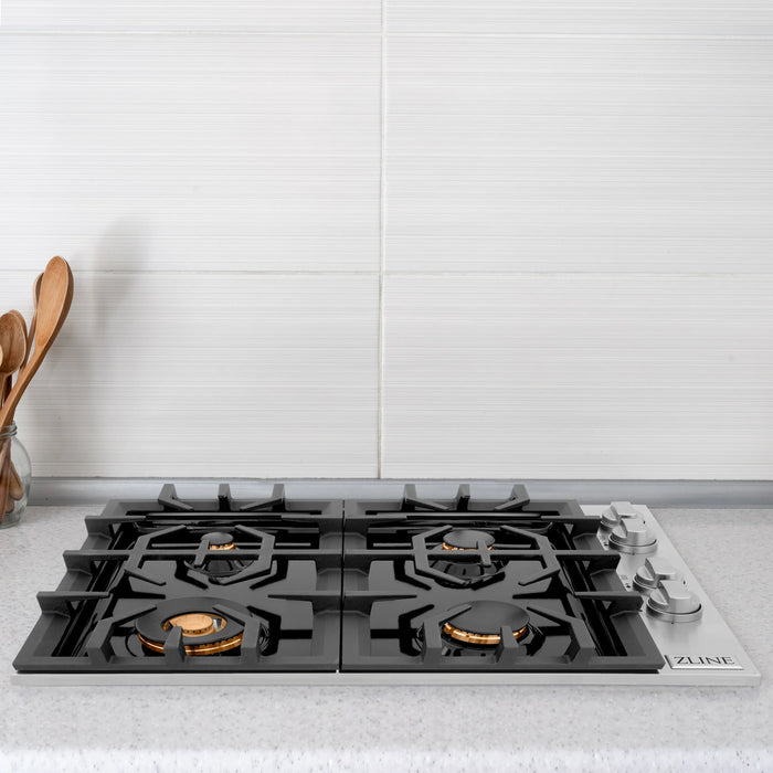 ZLINE 30" Dropin Cooktop with 4 Gas Brass Burners and Black Porcelain Top, RC-BR-30-PBT