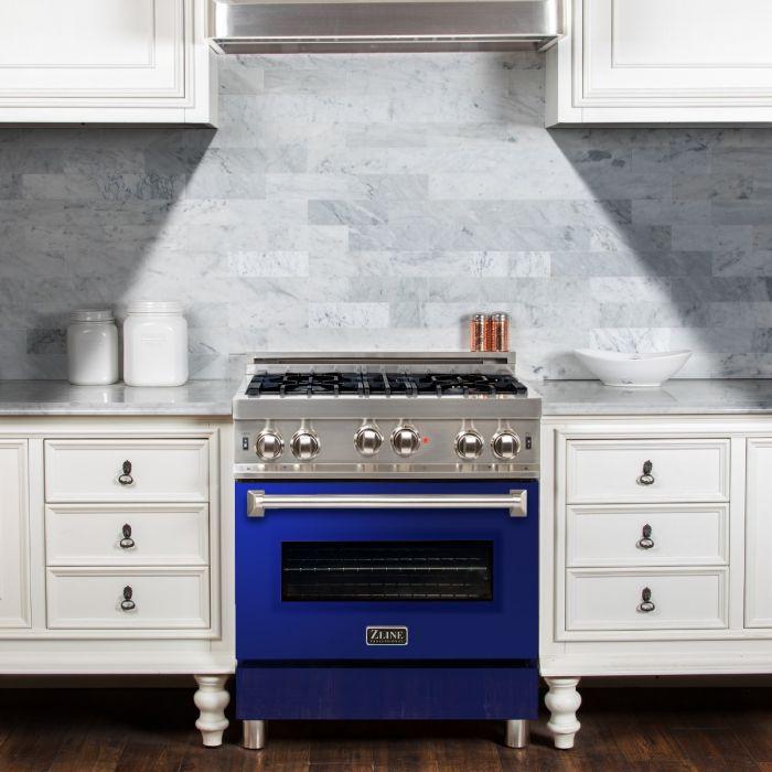 ZLINE 30" All Gas Range in Stainless Steel with Blue Gloss Door, RG-BG-30