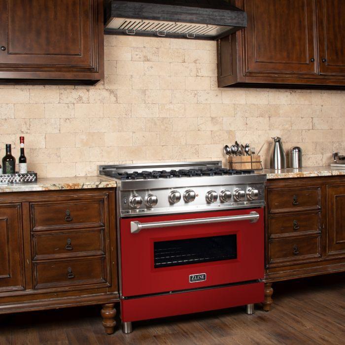 ZLINE 36" All Gas Range in Stainless Steel with Red Matte Door, RG-RM-36