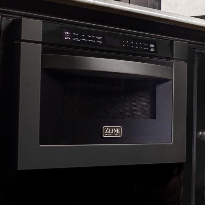 ZLINE Package - 36" Dual Fuel Range, Range Hood, Microwave, Dishwasher in Black Stainless