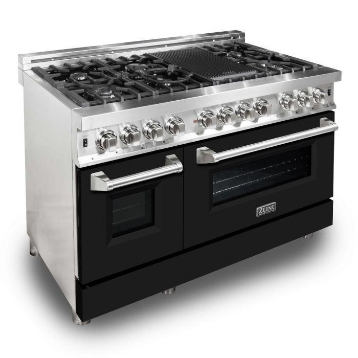 ZLINE 48" Dual Fuel Range in Stainless Steel with Black Matte Doors, RA-BLM-48