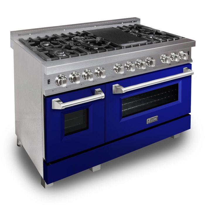 ZLINE 48" Dual Fuel Range in DuraSnow® Stainless with Blue Gloss Door, RAS-BG-48